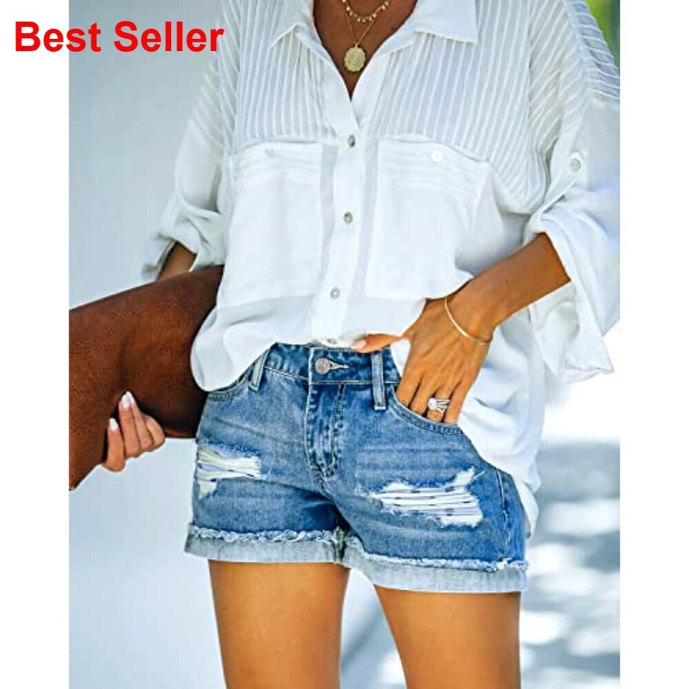 Stretch Denim Jean Shorts with Button Pockets for Summer - Picture 3 of 7